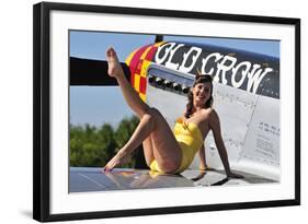 Cute Pin-Up Girl Sitting on the Wing of a P-51 Mustang-null-Framed Photographic Print
