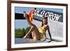 Cute Pin-Up Girl Sitting on the Wing of a P-51 Mustang-null-Framed Photographic Print