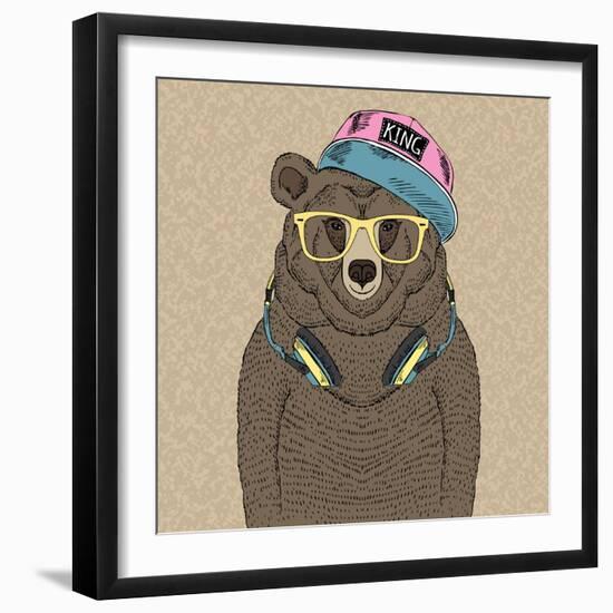 Cute Portrait of Bear with Headphones-Olga_Angelloz-Framed Art Print