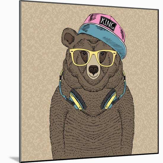 Cute Portrait of Bear with Headphones-Olga_Angelloz-Mounted Art Print