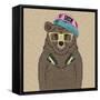 Cute Portrait of Bear with Headphones-Olga_Angelloz-Framed Stretched Canvas