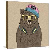 Cute Portrait of Bear with Headphones-Olga_Angelloz-Stretched Canvas