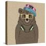 Cute Portrait of Bear with Headphones-Olga_Angelloz-Stretched Canvas