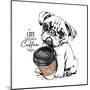 Cute Pug Puppy with a Plastic Cup of Coffee. Life Happens Coffee Helps - Lettering Quote. Humor Car-null-Mounted Art Print