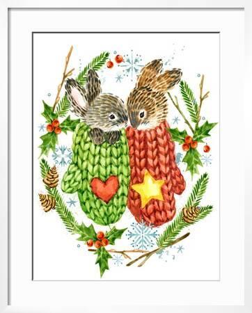 'Cute Rabbit. Forest Animal. Christmas Card. Watercolor Winter Holidays Wreath Frame.' Art - Faenkova Elena | Allposters.com