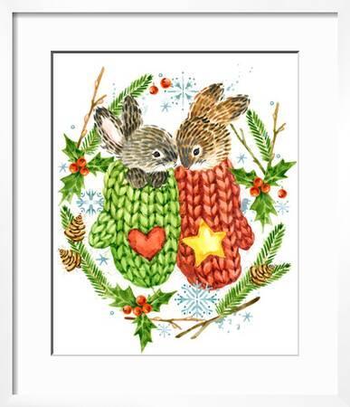 'Cute Rabbit. Forest Animal. Christmas Card. Watercolor Winter Holidays Wreath Frame.' Art - Faenkova Elena | Allposters.com