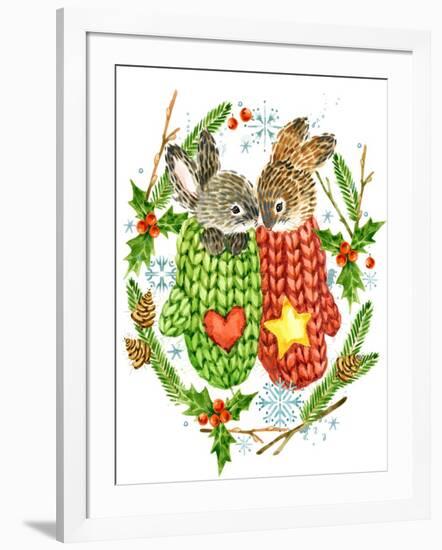 Cute Rabbit. Forest Animal. Christmas Card. Watercolor Winter Holidays Wreath Frame.-Faenkova Elena-Framed Art Print