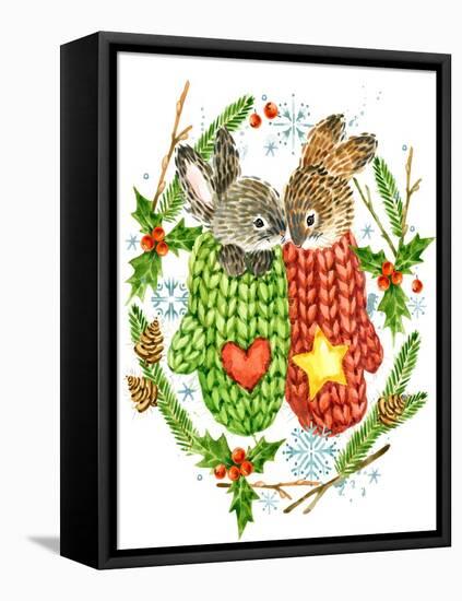 Cute Rabbit. Forest Animal. Christmas Card. Watercolor Winter Holidays Wreath Frame.-Faenkova Elena-Framed Stretched Canvas
