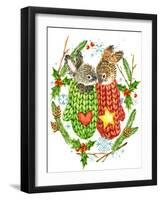 Cute Rabbit. Forest Animal. Christmas Card. Watercolor Winter Holidays Wreath Frame.-Faenkova Elena-Framed Art Print