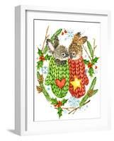 Cute Rabbit. Forest Animal. Christmas Card. Watercolor Winter Holidays Wreath Frame.-Faenkova Elena-Framed Art Print