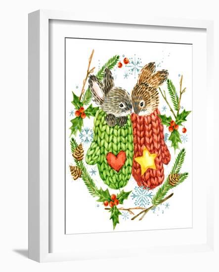 Cute Rabbit. Forest Animal. Christmas Card. Watercolor Winter Holidays Wreath Frame.-Faenkova Elena-Framed Art Print