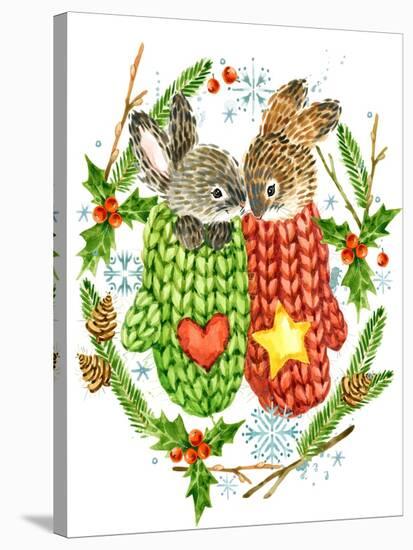 Cute Rabbit. Forest Animal. Christmas Card. Watercolor Winter Holidays Wreath Frame.-Faenkova Elena-Stretched Canvas