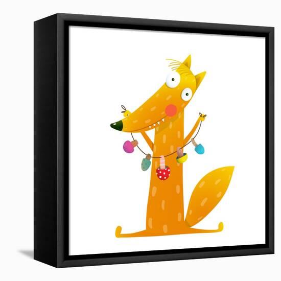 Cute Red Fox Holding Dried Mushrooms on String. Wildlife Brightly Colored with Food. Vector Illustr-Popmarleo-Framed Stretched Canvas