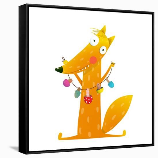 Cute Red Fox Holding Dried Mushrooms on String. Wildlife Brightly Colored with Food. Vector Illustr-Popmarleo-Framed Stretched Canvas
