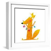 Cute Red Fox Holding Dried Mushrooms on String. Wildlife Brightly Colored with Food. Vector Illustr-Popmarleo-Framed Art Print