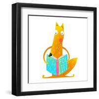 Cute Red Fox Sitting and Reading Book - Fox Life. Wildlife Brightly Colored Hand Drawn Watercolor S-Popmarleo-Framed Art Print