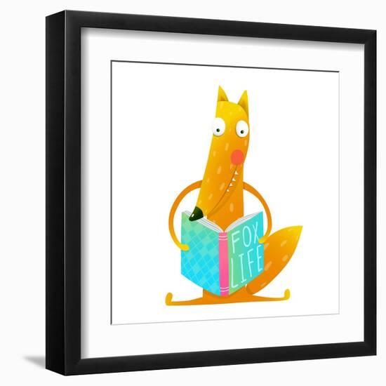 Cute Red Fox Sitting and Reading Book - Fox Life. Wildlife Brightly Colored Hand Drawn Watercolor S-Popmarleo-Framed Art Print