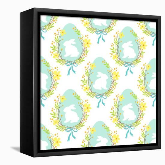 Cute Rustic Hand Drawn Easter Seamless Pattern with Wreath of Spring Flowers, Egg and Bunny for You-Cute Designs-Framed Stretched Canvas