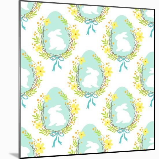 Cute Rustic Hand Drawn Easter Seamless Pattern with Wreath of Spring Flowers, Egg and Bunny for You-Cute Designs-Mounted Art Print