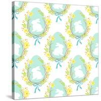 Cute Rustic Hand Drawn Easter Seamless Pattern with Wreath of Spring Flowers, Egg and Bunny for You-Cute Designs-Stretched Canvas