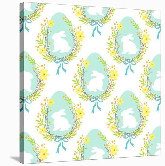 Cute Rustic Hand Drawn Easter Seamless Pattern with Wreath of Spring Flowers, Egg and Bunny for You-Cute Designs-Stretched Canvas