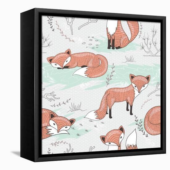 Cute Seamless Pattern with Little Foxes.-cherry blossom girl-Framed Stretched Canvas