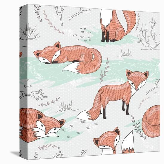Cute Seamless Pattern with Little Foxes.-cherry blossom girl-Stretched Canvas