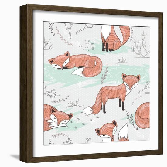 Cute Seamless Pattern with Little Foxes.-cherry blossom girl-Framed Art Print