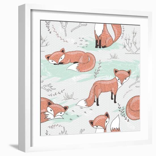 Cute Seamless Pattern with Little Foxes.-cherry blossom girl-Framed Art Print