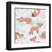 Cute Seamless Pattern with Little Foxes.-cherry blossom girl-Framed Art Print