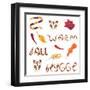 Cute Set with Hygge Elements: a Scarf, Mugs, Autumn Leaves and Lettering. White Background. Flat St-nefedova_da-Framed Art Print