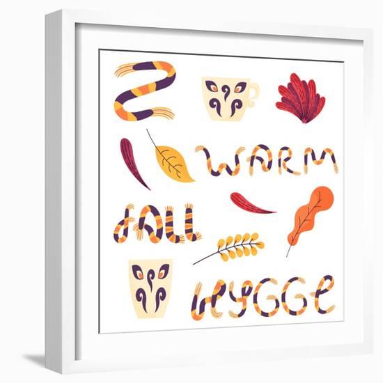 Cute Set with Hygge Elements: a Scarf, Mugs, Autumn Leaves and Lettering. White Background. Flat St-nefedova_da-Framed Art Print