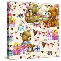 Cute Teddy Bear Seamless Pattern. Kids Birthday Watercolor Background.-Faenkova Elena-Stretched Canvas