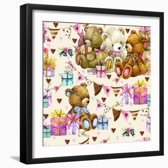 Cute Teddy Bear Seamless Pattern. Kids Birthday Watercolor Background.-Faenkova Elena-Framed Art Print
