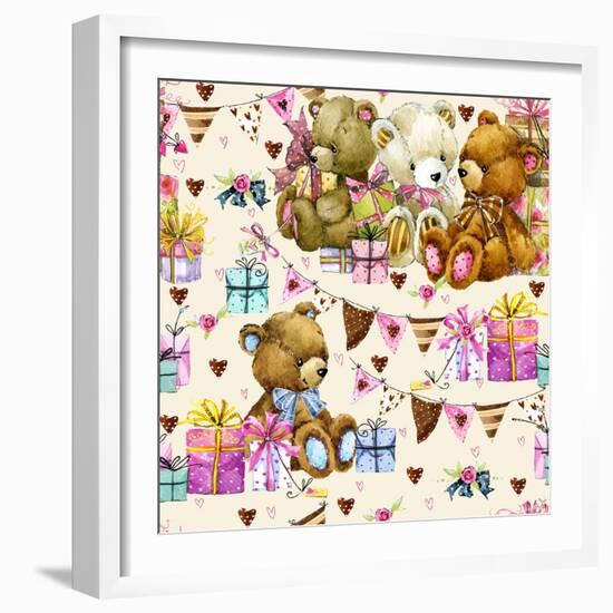 Cute Teddy Bear Seamless Pattern. Kids Birthday Watercolor Background.-Faenkova Elena-Framed Art Print