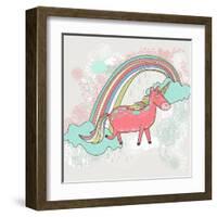 Cute Unicorn Illustration for Children or Kids. Doodle Floral Pattern Background.-cherry blossom girl-Framed Art Print