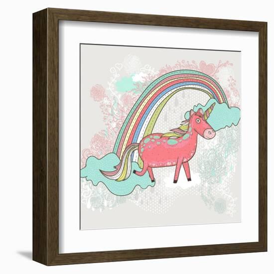 Cute Unicorn Illustration for Children or Kids. Doodle Floral Pattern Background.-cherry blossom girl-Framed Art Print