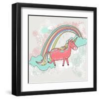 Cute Unicorn Illustration for Children or Kids. Doodle Floral Pattern Background.-cherry blossom girl-Framed Art Print