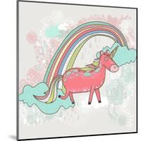 Cute Unicorn Illustration for Children or Kids. Doodle Floral Pattern Background.-cherry blossom girl-Mounted Art Print