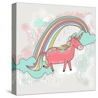 Cute Unicorn Illustration for Children or Kids. Doodle Floral Pattern Background.-cherry blossom girl-Stretched Canvas