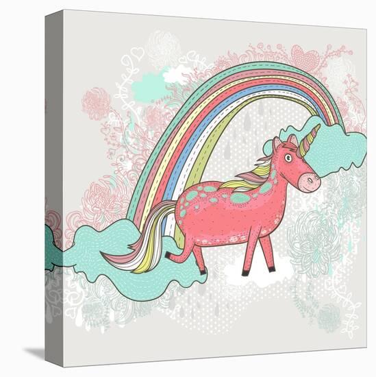 Cute Unicorn Illustration for Children or Kids. Doodle Floral Pattern Background.-cherry blossom girl-Stretched Canvas