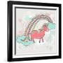 Cute Unicorn Illustration for Children or Kids. Doodle Floral Pattern Background.-cherry blossom girl-Framed Art Print