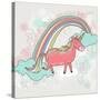 Cute Unicorn Illustration for Children or Kids. Doodle Floral Pattern Background.-cherry blossom girl-Stretched Canvas