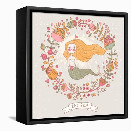 Cute Vector Background with Beautiful Mermaid in Flowers with Place for Text. Retro Style Card.-smilewithjul-Framed Stretched Canvas