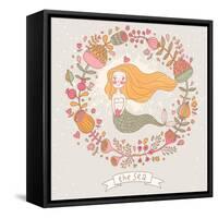 Cute Vector Background with Beautiful Mermaid in Flowers with Place for Text. Retro Style Card.-smilewithjul-Framed Stretched Canvas