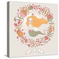 Cute Vector Background with Beautiful Mermaid in Flowers with Place for Text. Retro Style Card.-smilewithjul-Stretched Canvas
