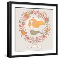 Cute Vector Background with Beautiful Mermaid in Flowers with Place for Text. Retro Style Card.-smilewithjul-Framed Art Print