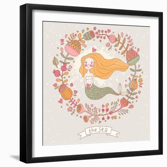 Cute Vector Background with Beautiful Mermaid in Flowers with Place for Text. Retro Style Card.-smilewithjul-Framed Art Print