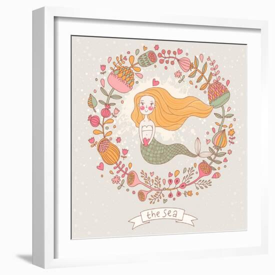 Cute Vector Background with Beautiful Mermaid in Flowers with Place for Text. Retro Style Card.-smilewithjul-Framed Art Print