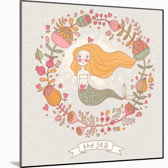 Cute Vector Background with Beautiful Mermaid in Flowers with Place for Text. Retro Style Card.-smilewithjul-Mounted Art Print